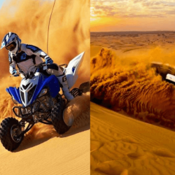 Morning Desert Safari with ATV Quad Bike Tour in Dubai, with a rider on a quad bike navigating through the sand dunes