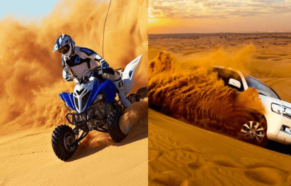 Morning Desert Safari with ATV Quad Bike Tour in Dubai, with a rider on a quad bike navigating through the sand dunes