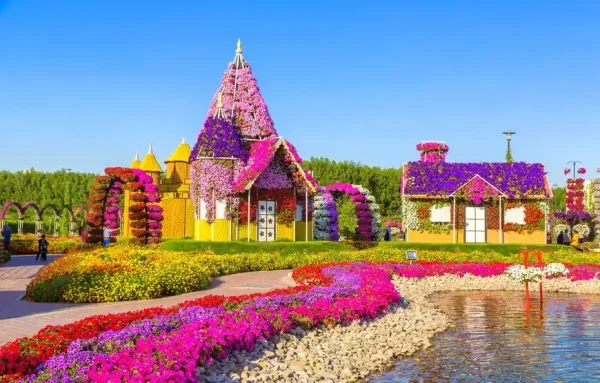 Miracle Garden Dubai aerial view of heart-shaped flower arches and colorful flowerbeds