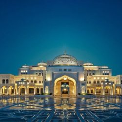 Exterior view of Qasr Al Watan palace in Abu Dhabi, showcasing its impressive architecture and intricate details.