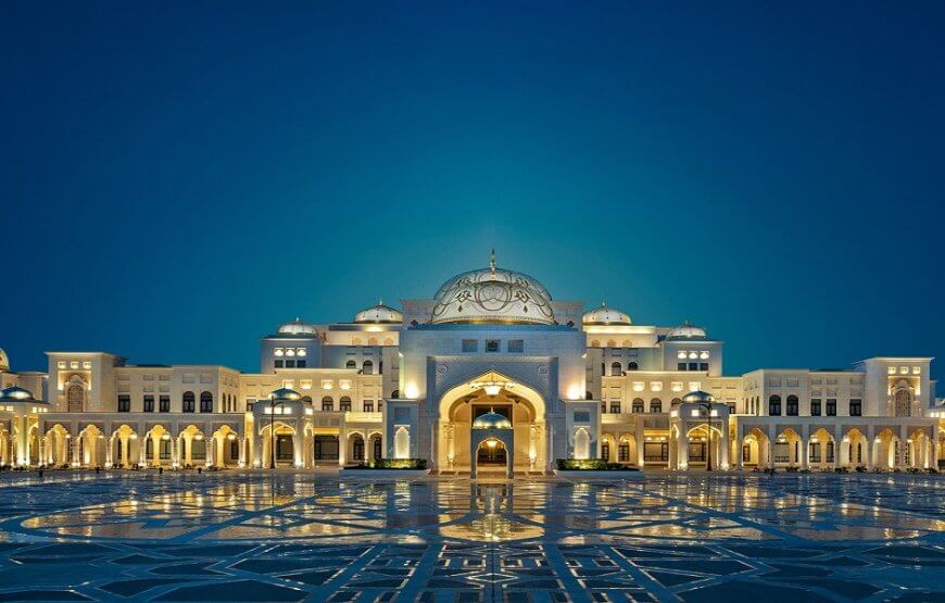 Exterior view of Qasr Al Watan palace in Abu Dhabi, showcasing its impressive architecture and intricate details.