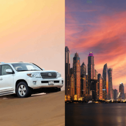 Morning Desert Safari with Dubai City Tour, showcasing the Dubai skyline in the background and a camel in the foreground