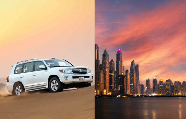 Morning Desert Safari with Dubai City Tour, showcasing the Dubai skyline in the background and a camel in the foreground