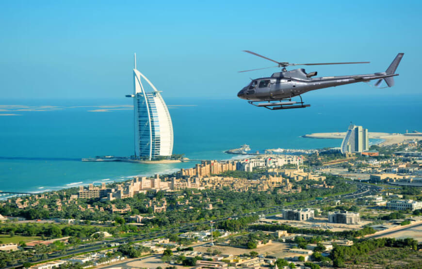 Iconic Helicopter Tour Dubai - Aerial view of Burj Khalifa, Palm Jumeirah, and Dubai skyline