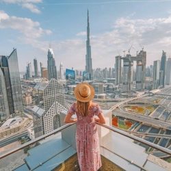 Dubai modern city skyline with Burj Khalifa, the tallest building in the world, and other skyscrapers towering over the city center