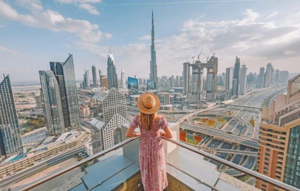 Dubai modern city skyline with Burj Khalifa, the tallest building in the world, and other skyscrapers towering over the city center